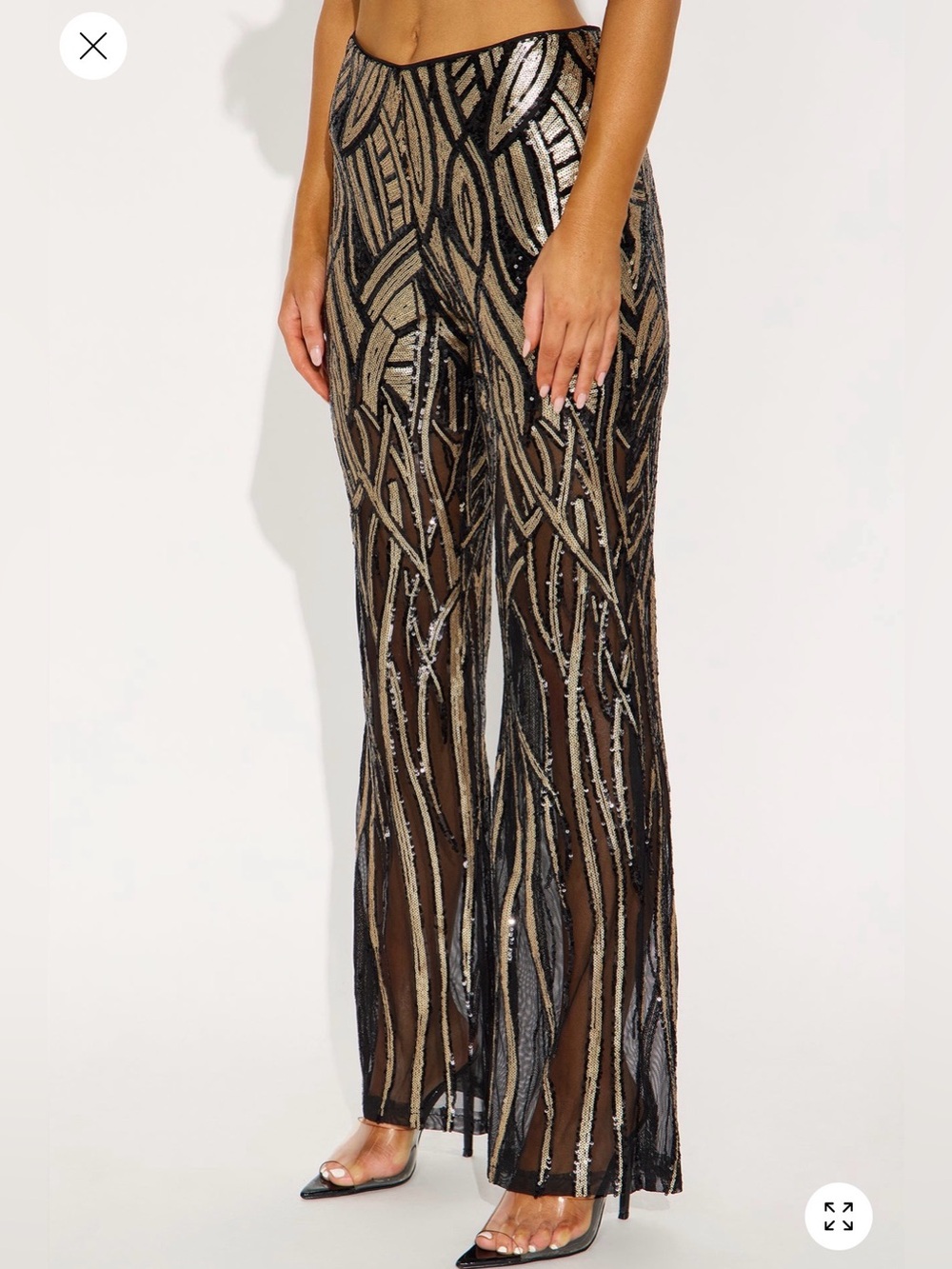 Fashion Nova Embellished Black & Gold Sheer Wide-Leg Pant 32”